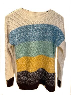 St. John's Bay Cream Cable Knit Sweater with Blue, Green, Yellow & Brown Bands